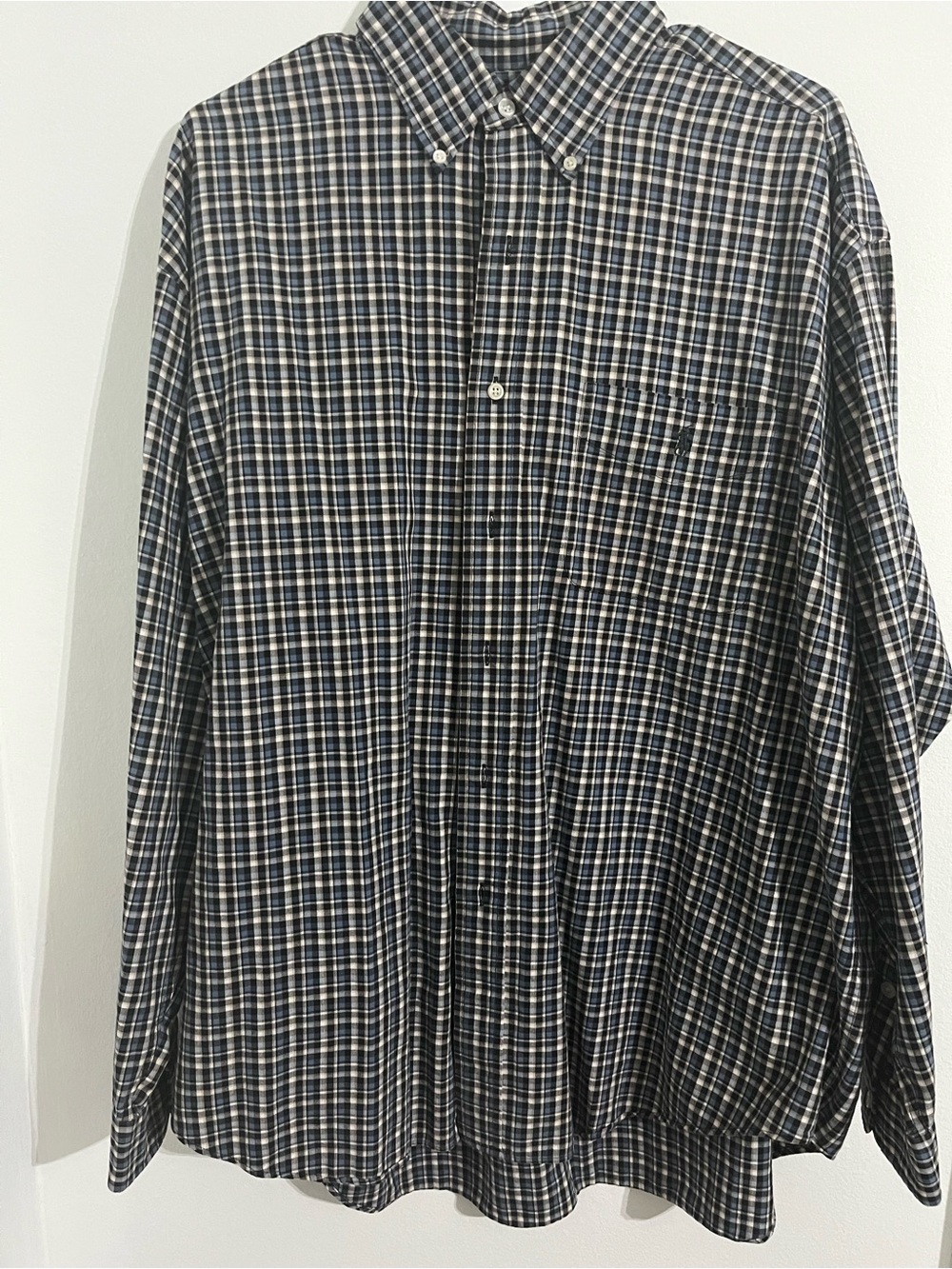 Men's Long-Sleeve Navy and White Plaid Button-Down Shirt